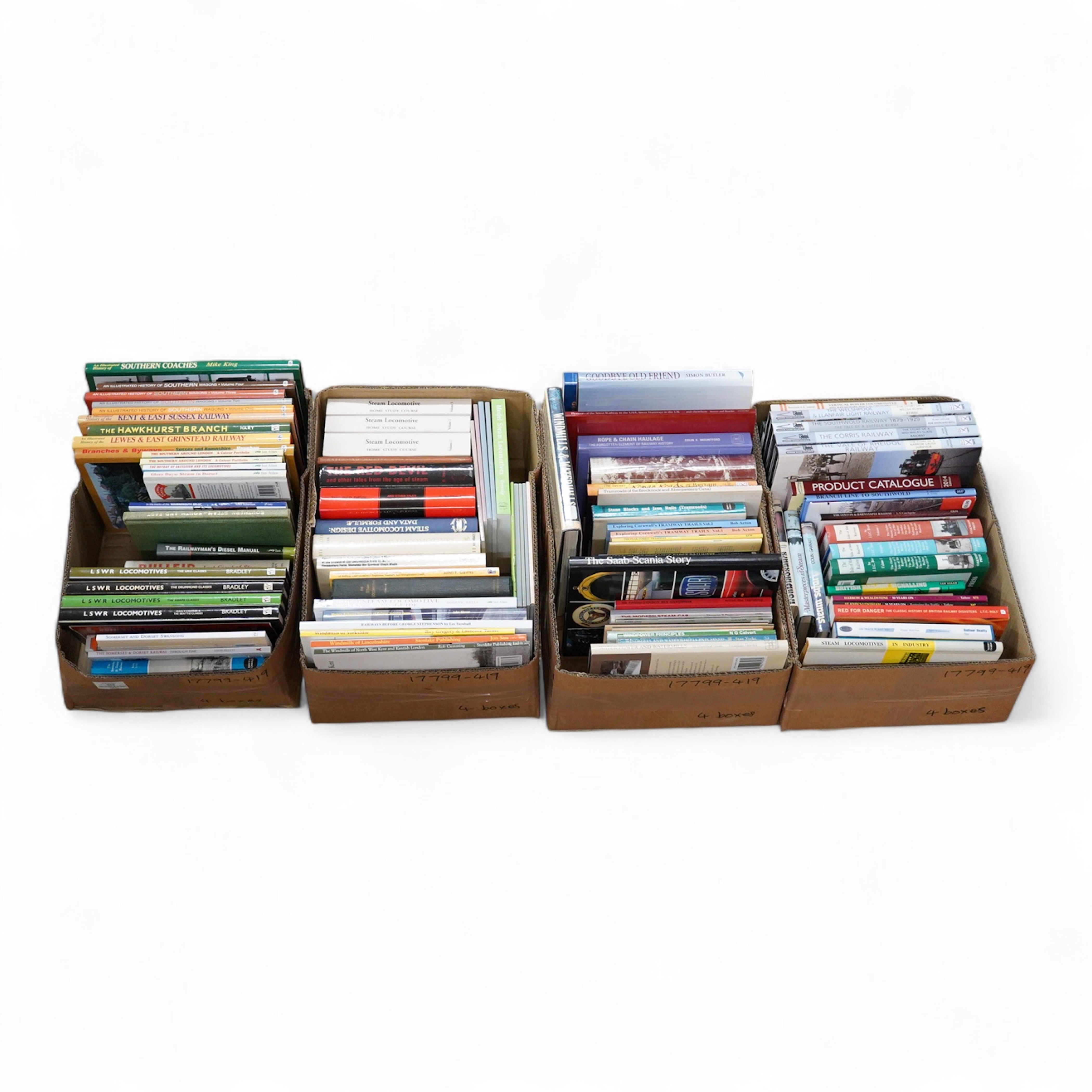 Four boxes of railway and engineering related books, subjects include; Welsh Railways, the Saab-Scania story, steam locomotives, articulated locomotives, LSWR locomotives, the Isle of Man Railway, etc., publishers includ